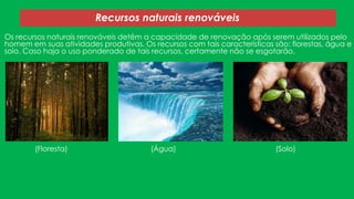 Recursos naturais renováveis
Os recursos naturais renováveis detêm a capacidade de renovação após serem utilizados pelo
homem em suas atividades produtivas. Os recursos com tais características são: florestas, água e
solo. Caso haja o uso ponderado de tais recursos, certamente não se esgotarão.

(Floresta)

(Água)

(Solo)

 