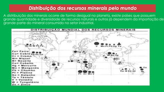 Distribuição dos recursos minerais pelo mundo
A distribuição dos minerais ocorre de forma desigual no planeta, existe países que possuem
grande quantidade e diversidade de recursos naturais e outros já dependem da importação de
grande parte do mineral consumido no setor industrial.

 