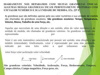 As grandezas que são definidas apenas pelo seu valor numérico e sua unidade de medida
são chamadas de grandezas escalares. São grandezas escalares: Tempo, Temperatura,
Volume, Massa, Trabalho de uma Força, etc.
DIARIAMENTE NOS DEPARAMOS COM MUITAS GRANDEZAS FÍSICAS.
ALGUMAS DESSAS GRANDEZAS FICAM PERFEITAMENTE DEFINIDAS COM
UM VALOR NUMÉRICO E SUA UNIDADE DE MEDIDA. EX.: 23º C
Aquelas que necessitam de uma direção e um sentido, além do valor numérico e da
unidade de medida, são chamadas de grandezas vetoriais. As grandezas vetoriais são
representadas por vetores.
Vetor é um ente matemático caracterizado por possuir um sentido, uma direção e um
módulo (intensidade). Graficamente, vetor é representado por uma reta orientada,
indicado por uma letra sobre a qual colocamos uma seta.
vetor força vetor aceleração vetor velocidade
São grandezas vetoriais: Velocidade, Aceleração, Força, Deslocamento, Empuxo,
Campo elétrico, Campo magnético, Força peso, etc.
 