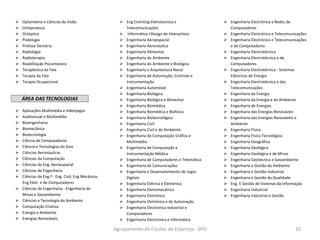  Optometria e Ciências da Visão
 Ortoprotesia
 Ortóptica
 Podologia
 Prótese Dentária
 Radiologia
 Radioterapia
 Reabilitação Psicomotora
 Terapêutica da Fala
 Terapia da Fala
 Terapia Ocupacional
ÁREA DAS TECNOLOGIAS
 Aplicações Multimédia e Videojogos
 Audiovisual e Multimédia
 Bioengenharia
 Biomecânica
 Biotecnologia
 Ciência de Computadores
 Ciência e Tecnologias do Som
 Ciências Aeronáuticas
 Ciências da Computação
 Ciências da Eng. Aeroespacial
 Ciências de Engenharia
 Ciências de Eng.ª - Eng. Civil; Eng Mecânica;
Eng Eletr. e de Computadores
 Ciências de Engenharia - Engenharia de
Minas e Geoambiente
 Ciências e Tecnologia do Ambiente
 Computação Criativa
 Energia e Ambiente
 Energias Renováveis
 Eng Civil+Eng Eletrotecnica e
Telecomunicações
 Informática +Design de Interactivos
 Engenharia Aeroespacial
 Engenharia Aeronáutica
 Engenharia Alimentar
 Engenharia do Ambiente
 Engenharia do Ambiente e Biológica
 Engenharia e Arquitectura Naval
 Engenharia de Automação, Controlo e
Instrumentação
 Engenharia Automóvel
 Engenharia Biológica
 Engenharia Biológica e Alimentar
 Engenharia Biomédica
 Engenharia Biomédica e Biofísica
 Engenharia Biotecnológica
 Engenharia Civil
 Engenharia Civil e do Ambiente
 Engenharia da Computação Gráfica e
Multimédia
 Engenharia de Computação e
Instrumentação Médica
 Engenharia de Computadores e Telemática
 Engenharia de Comunicações
 Engenharia e Desenvolvimento de Jogos
Digitais
 Engenharia Elétrica e Eletrónica
 Engenharia Eletromecânica
 Engenharia Eletrónica
 Engenharia Eletrónica e de Automação
 Engenharia Electrónica Industrial e
Computadores
 Engenharia Electrónica e Informática
 Engenharia Electrónica e Redes de
Computadores
 Engenharia Electrónica e Telecomunicações
 Engenharia Electrónica e Telecomunicações
e de Computadores
 Engenharia Electrotécnica
 Engenharia Electrotécnica e de
Computadores
 Engenharia Electrotécnica - Sistemas
Eléctricos de Energia
 Engenharia Electrotécnica e das
Telecomunicações
 Engenharia da Energia
 Engenharia da Energia e do Ambiente
 Engenharia de Energias
 Engenharia das Energias Renováveis
 Engenharia das Energias Renováveis e
Ambiente
 Engenharia Física
 Engenharia Física Tecnológica
 Engenharia Geográfica
 Engenharia Geológica
 Engenharia Geológica e de Minas
 Engenharia Geotécnica e Geoambiente
 Engenharia e Gestão do Ambiente
 Engenharia e Gestão Industrial
 Engenharia e Gestão da Qualidade
 Eng. E Gestão de Sistemas da Informação
 Engenharia Industrial
 Engenharia Industrial e Gestão
Agrupamento de Escolas de Estarreja - SPO 10
 