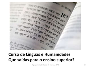 Agrupamento de Escolas de Estarreja - SPO
Curso de Línguas e Humanidades
Que saídas para o ensino superior?
18
 