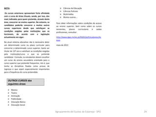 Agrupamento de Escolas de Estarreja - SPO 24
NOTA:
Os cursos anteriores apresentam forte afinidade
com o curso de Artes Visuais, sendo, por isso, dos
mais indicados para quem pretenda, através desta
área, concorrer ao ensino superior. No entanto, os
candidatos poderão concorrer a muitos outros
cursos superiores desde que satisfaçam as
condições exigidas pelas instituições que os
leccionam, de acordo com a legislação
actualmente em vigor.
No atual sistema educativo não é necessário deter
um determinado curso ou plano curricular para
concorrer a determinado curso superior, basta ser
titular do 12º ano e satisfazer as condições exigidas
pela instituição/curso a que se pretende
candidatar. Contudo, os estudantes devem escolher
um curso do ensino secundário orientado para o
curso superior que pretende frequentar, isto é, que
tenha as disciplinas fixadas como provas de
ingresso e que sejam especialmente importantes
para a frequência do curso pretendido.
OUTROS CURSOS das
seguintes áreas
 Música
 Teatro
 Animação
 Publicidade
 Educação Básica
 Educação Social
 Ciências da Educação
 Ciências Policiais
 Multimédia
 Muitos outros….
Para obter informações sobre condições de acesso
ao ensino superior, bem como sobre os cursos
existentes, planos curriculares e saídas
profissionais, consultar:
http://www.dges.mctes.pt/DGES/pt/Estudantes/Ac
esso
maio de 2013
 