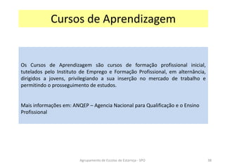Agrupamento de Escolas de Estarreja - SPO
Cursos de Aprendizagem
Os Cursos de Aprendizagem são cursos de formação profissional inicial,
tutelados pelo Instituto de Emprego e Formação Profissional, em alternância,
dirigidos a jovens, privilegiando a sua inserção no mercado de trabalho e
permitindo o prosseguimento de estudos.
Mais informações em: ANQEP – Agencia Nacional para Qualificação e o Ensino
Profissional
38
 