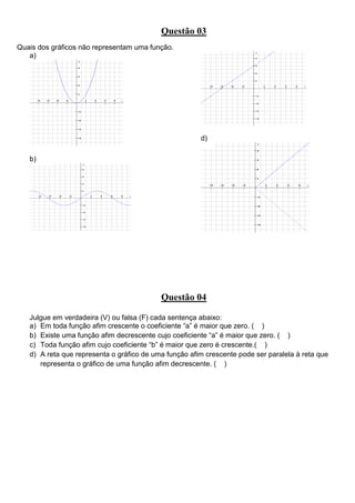 Questão 03
Quais dos gráficos não representam uma função.
a)
b)
d)
Questão 04
Julgue em verdadeira (V) ou falsa (F) cada sentença abaixo:
a) Em toda função afim crescente o coeficiente “a” é maior que zero. ( )
b) Existe uma função afim decrescente cujo coeficiente “a” é maior que zero. ( )
c) Toda função afim cujo coeficiente “b” é maior que zero é crescente.( )
d) A reta que representa o gráfico de uma função afim crescente pode ser paralela à reta que
representa o gráfico de uma função afim decrescente. ( )
 