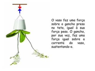 O vaso faz uma força
sobre o gancho preso
no teto, igual à sua
força peso. O gancho,
por sua vez, faz uma
força igual sobre a
corrente do vaso,
sustentando-o.
 