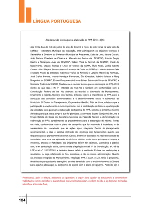LÍNGUA PORTUGUESA

Professor(a), após a leitura, proponha as questões a seguir para ajudar os estudantes a desenvolver
habilidades como: perceber o papel desse documento, localizar a ordem do dia e as decisões tomadas,
identificar a fórmula final.

124

 