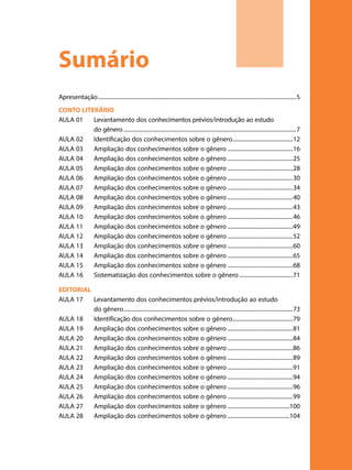 Sumário
Apresentação........................................................................................................................... 5
CONTO LITERÁRIO
AULA 01	 Levantamento dos conhecimentos prévios/introdução ao estudo
	
do gênero........................................................................................................... 7
AULA 02	 Identificação dos conhecimentos sobre o gênero......................................12
AULA 03	 Ampliação dos conhecimentos sobre o gênero......................................... 16
AULA 04	 Ampliação dos conhecimentos sobre o gênero......................................... 25
AULA 05	 Ampliação dos conhecimentos sobre o gênero......................................... 28
AULA 06	 Ampliação dos conhecimentos sobre o gênero......................................... 30
AULA 07	 Ampliação dos conhecimentos sobre o gênero......................................... 34
AULA 08	 Ampliação dos conhecimentos sobre o gênero......................................... 40
AULA 09	 Ampliação dos conhecimentos sobre o gênero......................................... 43
AULA 10	 Ampliação dos conhecimentos sobre o gênero......................................... 46
AULA 11	 Ampliação dos conhecimentos sobre o gênero......................................... 49
AULA 12	 Ampliação dos conhecimentos sobre o gênero......................................... 52
AULA 13	 Ampliação dos conhecimentos sobre o gênero ........................................ 60
AULA 14	 Ampliação dos conhecimentos sobre o gênero......................................... 65
AULA 15	 Ampliação dos conhecimentos sobre o gênero......................................... 68
AULA 16	 Sistematização dos conhecimentos sobre o gênero.................................. 71
EDITORIAL
AULA 17	 Levantamento dos conhecimentos prévios/introdução ao estudo
	
do gênero.........................................................................................................73
AULA 18	 Identificação dos conhecimentos sobre o gênero......................................79
AULA 19	 Ampliação dos conhecimentos sobre o gênero......................................... 81
AULA 20	 Ampliação dos conhecimentos sobre o gênero......................................... 84
AULA 21	 Ampliação dos conhecimentos sobre o gênero ........................................ 86
AULA 22	 Ampliação dos conhecimentos sobre o gênero......................................... 89
AULA 23	 Ampliação dos conhecimentos sobre o gênero......................................... 91
AULA 24	 Ampliação dos conhecimentos sobre o gênero......................................... 94
AULA 25	 Ampliação dos conhecimentos sobre o gênero......................................... 96
AULA 26	 Ampliação dos conhecimentos sobre o gênero......................................... 99
AULA 27	 Ampliação dos conhecimentos sobre o gênero.......................................100
AULA 28	 Ampliação dos conhecimentos sobre o gênero.......................................104

 