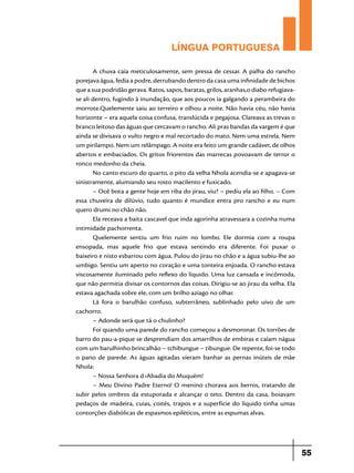 LÍNGUA PORTUGUESA
A chuva caía meticulosamente, sem pressa de cessar. A palha do rancho
porejava água, fedia a podre, derrubando dentro da casa uma infinidade de bichos
que a sua podridão gerava. Ratos, sapos, baratas, grilos, aranhas,o diabo refugiavase ali dentro, fugindo à inundação, que aos poucos ia galgando a perambeira do
morrote.Quelemente saiu ao terreiro e olhou a noite. Não havia céu, não havia
horizonte – era aquela coisa confusa, translúcida e pegajosa. Clareava as trevas o
branco leitoso das águas que cercavam o rancho. Ali pras bandas da vargem é que
ainda se divisava o vulto negro e mal recortado do mato. Nem uma estrela. Nem
um pirilampo. Nem um relâmpago. A noite era feito um grande cadáver, de olhos
abertos e embaciados. Os gritos friorentos das marrecas povoavam de terror o
ronco medonho da cheia.
No canto escuro do quarto, o pito da velha Nhola acendia-se e apagava-se
sinistramente, alumiando seu rosto macilento e fuxicado.
– Ocê bota a gente hoje em riba do jirau, viu? – pediu ela ao filho. – Com
essa chuveira de dilúvio, tudo quanto é mundice entra pro rancho e eu num
quero drumi no chão não.
Ela receava a baita cascavel que inda agorinha atravessara a cozinha numa
intimidade pachorrenta.
Quelemente sentiu um frio ruim no lombo. Ele dormia com a roupa
ensopada, mas aquele frio que estava sentindo era diferente. Foi puxar o
baixeiro e nisto esbarrou com água. Pulou do jirau no chão e a água subiu-lhe ao
umbigo. Sentiu um aperto no coração e uma tonteira enjoada. O rancho estava
viscosamente iluminado pelo reflexo do líquido. Uma luz cansada e incômoda,
que não permitia divisar os contornos das coisas. Dirigiu-se ao jirau da velha. Ela
estava agachada sobre ele, com um brilho aziago no olhar.
Lá fora o barulhão confuso, subterrâneo, sublinhado pelo uivo de um
cachorro.
– Adonde será que tá o chulinho?
Foi quando uma parede do rancho começou a desmoronar. Os torrões de
barro do pau-a-pique se desprendiam dos amarrilhos de embiras e caíam nágua
com um barulhinho brincalhão – tchibungue – tibungue. De repente, foi-se todo
o pano de parede. As águas agitadas vieram banhar as pernas inúteis de mãe
Nhola:
– Nossa Senhora d›Abadia do Muquém!
– Meu Divino Padre Eterno! O menino chorava aos berros, tratando de
subir pelos ombros da estuporada e alcançar o teto. Dentro da casa, boiavam
pedaços de madeira, cuias, coités, trapos e a superfície do líquido tinha umas
contorções diabólicas de espasmos epiléticos, entre as espumas alvas.

55

 