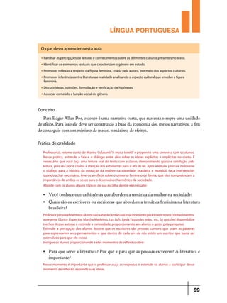 LÍNGUA PORTUGUESA
O que devo aprender nesta aula
u

Partilhar as percepções de leituras e conhecimentos sobre as diferentes culturas presentes no texto.

u

Identificar os elementos textuais que caracterizam o gênero em estudo.

u

Promover reflexão a respeito da figura feminina, criada pela autora, por meio dos aspectos culturais.

u

Promover inferências entre literatura e realidade analisando o aspecto cultural que envolve a figura
feminina.

u

Discutir ideias, opiniões, formulação e verificação de hipóteses.

u

Associar conteúdo e função social do gênero.

Conceito

Para Edgar Allan Poe, o conto é uma narrativa curta, que sustenta sempre uma unidade
de efeito. Para isso ele deve ser construído à base da economia dos meios narrativos, a fim
de conseguir com um mínimo de meios, o máximo de efeitos.
Prática de oralidade
Professor(a), retome conto de Marina Colasanti “A moça tecelã” e proponha uma conversa com os alunos.
Nessa prática, estimule a fala e o diálogo entre eles sobre as ideias explícitas e implícitas no conto. É
necessário que você faça uma leitura oral do texto com a classe, demonstrando gosto e satisfação pela
leitura, pois seu porte chama a atenção dos estudantes para o ato de ler. Após a leitura, procure direcionar
o diálogo para a história da evolução da mulher na sociedade brasileira e mundial. Faça intervenções
quando achar necessário; leve-os a refletir sobre o universo feminino de forma, que eles compreendam a
importância de ambos os sexos para o desenvolver harmônico da sociedade.
Aborde com os alunos alguns tópicos de sua escolha dentre eles ressalte:
•	

Você conhece outras histórias que abordem a temática da mulher na sociedade?

•	

Quais são os escritores ou escritoras que abordam a temática feminina na literatura
brasileira?

Professor, provavelmente os alunos não saberão; então use esse momento para inserir novos conhecimentos:
apresente Clarice Lispector, Martha Medeiros, Lya Luft, Lygia Fagundes teles, etc. Se possível disponibilize
trechos destas autoras e estimule a curiosidade, proporcionando aos alunos o gosto pela pesquisa).
Estimule a percepção dos alunos. Mostre que os escritores são pessoas comuns que usam as palavras
para expressarem seus pensamentos e que dentro de cada um de nós existe um escritor que basta ser
estimulado para que ele exista.
Instigue os alunos proporcionando a eles momentos de reflexão sobre:
•	

Para que serve a literatura? Por que e para que as pessoas escrevem? A literatura é
importante?

Nesse momento é importante que o professor ouça as respostas e estimule os alunos a participar desse
momento de reflexão, expondo suas ideias.

69

 