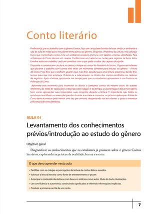 Conto literário
Professor(a), para o trabalho com o gênero Contos, faça um cartaz bem bonito de boas vindas, e ambiente a
sala de aula de modo que o estudante tenha acesso ao gênero. Organize a Prateleira da Leitura, nela coloque
livros que contenham contos. Crie um ambiente propício à leitura com tapetes, esteiras, almofadas. Para
o Palanque do Conto decore um caixote. Confeccione um caderno ou cartaz para registrar os livros lidos.
Envolva todos no trabalho, cada um contribui com o que pode e todos são capazes de ajudar.
Disponha as carteiras em círculo e, no centro, coloque os contos da Prateleira da Leitura. Diga aos estudantes
que durante o trabalho com contos eles terão um momento somente para leituras do gênero – A Hora
do Conto. Peça-lhes que escolham aqueles que mais lhes agradar para uma leitura prazerosa, dando-lhes
tempo para que isto aconteça. Oriente-os a relacionarem os títulos dos contos escolhidos no caderno
de registros. Após a leitura, oportunize um tempo para que os estudantes apresentem a sua história no
Palanque do Conto.
Aproveite este momento para incentivar os alunos a comparar contos do mesmo autor, de autores
diferentes, do estilo de cada autor, a descrição dos espaços e do tempo, a caracterização dos personagens;
bem como, apresentar suas impressões, suas emoções, durante a leitura. É importante que todos os
estudantes escolham um exemplar para ler durante a semana e comentar no próximo palanque. A Hora do
Conto deve acontecer pelo menos uma vez por semana, despertando nos estudantes o gosto e interesse
pela leitura de livros literários.

AULA 01

Levantamento dos conhecimentos
prévios/introdução ao estudo do gênero
Objetivo geral

Diagnosticar os conhecimentos que os estudantes já possuem sobre o gênero Contos
literários, explorando as práticas de oralidade, leitura e escrita.
O que devo aprender nesta aula
u

Partilhar com os colegas as percepções de leitura de contos lidos e ouvidos.

u

Valorizar a leitura literária como fonte de entretenimento e prazer.

u

Antecipar o conteúdo das leituras com base em indícios como autor, título do texto, ilustrações.

u

Ler com fluência e autonomia, construindo significados e inferindo informações implícitas.

u

Produzir a primeira escrita de um conto.

7

 