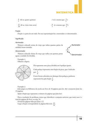 Matemática
4 (lê-se: quatro quintos)
5

- 3 (é o mesmo que - 3 )
1

13 (lê-se: treze vinte avos)
20

- 8 (é o mesmo que 8 )
5
5

Fração
Fração é a parte de um todo. Em sua representação há o numerador e o denominador.

Significado
Numerador
Número colocado acima do traço que indica quantas partes da
unidade foram tomadas.

Denominador
Número colocado abaixo do traço que indica em quantas partes
iguais a unidade foi dividida.
Exemplo 1:
Observe a figura:
Ela representa uma pizza dividida em 8 pedaços iguais.
Cada pedaço representa uma fração da pizza, que é indicado
por 1 .
8
Como foram colocados em destaque dois pedaços, podemos
repre­ entá-los pela fração 2 .
s
8

Exemplo 2:
João pegou na biblioteca da escola um livro de 34 páginas para ler. Até o momento João leu
22 paginas.
Qual a fração que representa o número de páginas que João leu?
Para a resolução do problema, temos que identificar o conjunto universo, que neste caso é o
total de páginas do livro, ou seja, 34.
O total de páginas lidas por João é 22.
Logo a fração correspondente às páginas lida será: 22 .
34

15

 