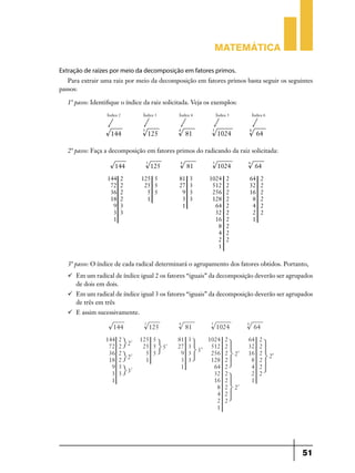 Matemática
Extração de raízes por meio da decomposição em fatores primos.
Para extrair uma raiz por meio da decomposição em fatores primos basta seguir os seguintes
passos:
1º passo: Identifique o índice da raiz solicitada. Veja os exemplos:

2º passo: Faça a decomposição em fatores primos do radicando da raiz solicitada:

3º passo: O índice de cada radical determinará o agrupamento dos fatores obtidos. Portanto,
	 Em um radical de índice igual 2 os fatores “iguais” da decomposição deverão ser agrupados
de dois em dois.
	 Em um radical de índice igual 3 os fatores “iguais” da decomposição deverão ser agrupados
de três em três
	 E assim sucessivamente.

51

 