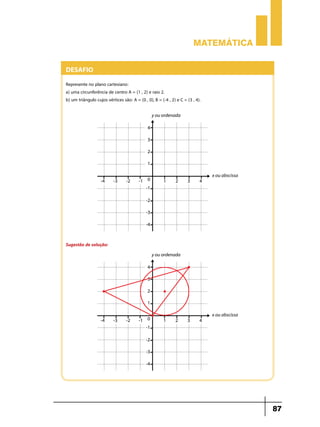 Matemática

Desafio
Represente no plano cartesiano:
a) uma circunferência de centro A = (1 , 2) e raio 2.
b) um triângulo cujos vértices são: A = (0 , 0), B = (-4 , 2) e C = (3 , 4).

Sugestão de solução:

87

 