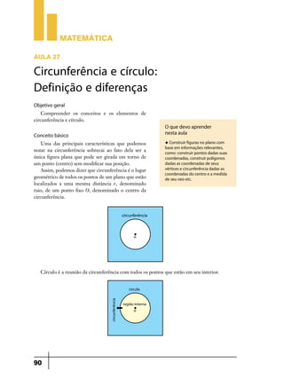 Matemática
AULA 27

Circunferência e círculo:
Definição e diferenças
Objetivo geral
Compreender os conceitos e os elementos de
circunferência e círculo.

Conceito básico
Uma das principais características que podemos
notar na circunferência sobrecai ao fato dela ser a
única figura plana que pode ser girada em torno de
um ponto (centro) sem modificar sua posição.
Assim, podemos dizer que circunferência é o lugar
geométrico de todos os pontos de um plano que estão
localizados a uma mesma distância r, denominado
raio, de um ponto fixo O, denominado o centro da
circunferência.

O que devo aprender
nesta aula
u Construir figuras no plano com

base em informações relevantes,
como: construir pontos dadas suas
coordenadas, construir polígonos
dadas as coordenadas de seus
vértices e circunferência dadas as
coordenadas do centro e a medida
de seu raio etc.

Círculo é a reunião da circunferência com todos os pontos que estão em seu interior.

90

 