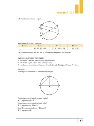 Matemática
Observe a circunferência a seguir

Vamos identificar seus elementos:
Centro
Raios
O

A0 , B0 , E0 e G0

Cordas

Diâmetro

AE , BG , CH e DF

AE e BG

OBS: denominaremos por r o raio da circunferência e por d o seu diâmetro.
INFORMAÇÕES IMPORTANTES
1) o diâmetro é a maior corda de uma circunferência;
2) o diâmetro é igual a duas vezes o raio (d = 2r);
3) a medida do comprimento C de uma circunferência é obtida pela fórmula C = 2rr .
Exemplo:
Identifique os elementos na circunferência a seguir

Quais dos segmentos indicados são cordas?
R: O segmento AB e AC.
Quais dos segmentos indicados são raios?
R: O segmento A0, B0 e C0.
Qual do segmento indicado é diâmetro?
R: O segmento AB.

91

 