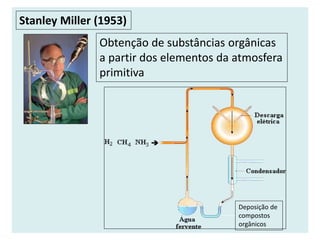 Stanley Miller (1953)
Obtenção de substâncias orgânicas
a partir dos elementos da atmosfera
primitiva
Deposição de
compostos
orgânicos
 