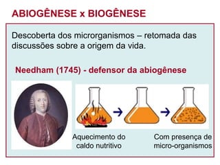 ABIOGÊNESE x BIOGÊNESE
Descoberta dos microrganismos – retomada das
discussões sobre a origem da vida.
Needham (1745) - defensor da abiogênese
Aquecimento do
caldo nutritivo
Com presença de
micro-organismos
 