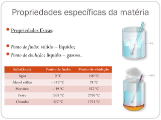 Propriedades específicas da matéria
Propriedades físicas:
Ponto de fusão: sólido – líquido;
Ponto de ebulição: líquido – gasoso.
Substância Ponto de fusão Ponto de ebulição
Água 0 ºC 100 ºC
Álcool etílico – 117 ºC 78 ºC
Mercúrio – 39 ºC 357 ºC
Ferro 1535 ºC 2750 ºC
Chumbo 327 ºC 1751 ºC
 