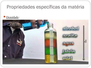 Propriedades específicas da matéria
Densidade:
d
 