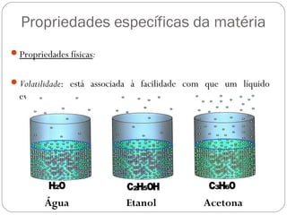 Propriedades específicas da matéria
Propriedades físicas:
Volatilidade: está associada à facilidade com que um líquido
evapora.
Água Etanol Acetona
 
