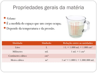 Propriedades gerais da matéria
Volume:
É a medida do espaço que um corpo ocupa;
Depende da temperatura e da pressão.
Unidade Símbolo Relação entre as unidades
Litro L 1 L = 1.000 mL = 1.000 cm³
Milímetro mL 1 mL = 1 cm³
Centímetro cúbico cm³
Metro cúbico m³ 1 m³ = 1.000 L = 1.000.000 mL
 