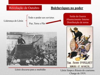 Revolução de Outubro Bolcheviques no poder
Todo o poder aos sovietes
Paz, Terra e Pão
Liderança de Lênin
Saída da Guerra
Abastecimento Interno
Distribuição de terras
Lênin discursa para a multidão Lênin limpa a Rússia do czarismo.
Charge de 1919.
 