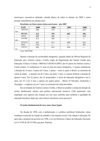 5
americanos, encontra-se defasada, estando abaixo de todos os demais em 2009 e numa
posição insatisfatória nos demais anos.
Resultados em leitura países latino-americanos – pisa 2009
PAÍS 2009 2006 2003 2000
ARGENT
INA
398 374 --- 418
BRASIL 412 393 403 396
CHILE 449 442 --- 410
COLÔM
BIA
413 385 --- ---
MÉXICO 425 411 400 422
PERU 370 --- --- 327
URUGU
AI
426 413 434 ---
Fonte: INEP/2009
Quanto à duração da escolaridade obrigatória, segundo dados da Oficina Regional de
Educação para América Latina e Caribe, órgão da Organização das Nações Unidas para
Educação, Ciência e Cultura - OREALC/UNESCO (2007), dos 41 países da América Latina e
Caribe citados, 15 estabelecem 11 anos ou mais de ensino obrigatório, 11 países estabelecem
a duração de 10 anos, 5 países de 9 anos, 3 países – entre os quais o Brasil, no momento da
coleta de dados – a duração era de 8 anos, um deles 7 anos, e 6 países definem a duração de
apenas 6 anos. Em 22 países, dos 41 pesquisados, o início da educação obrigatória é aos 6
anos, em 15 é aos 5 anos e apenas em quatro países – Brasil, El Salvador, Guatemala e
Nicarágua – o ingresso era aos 7 anos, no momento da coleta dos dados.
Em se tratando da América Latina e Caribe, o Brasil ao ampliar o tempo de duração do
ensino fundamental, reforça uma política educacional inclusiva. Cabe questionar: esta
ampliação com ingresso das crianças aos seis anos contribui para melhorar a qualidade da
educação brasileira, dado que vários fatores interferem nesse processo?
O ensino fundamental de nove anos: bases legais
Na década de 1990, com a globalização e a política neoliberal fortalecida, várias
mudanças ocorreram no mundo do trabalho e nas relações sociais. Em relação à educação, foi
aprovada a proposta do governo em 1996, a Lei de Diretrizes e Bases da Educação Nacional,
Lei nº 9.394 de 20/12/1996, que para Küenzer,
 