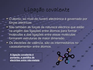 Ligação covalenteLigação covalente
O átomo, ao nível da nuvem electrónica é governado porO átomo, ao nível da nuvem electrónica é governado por
forças eléctricas.forças eléctricas.
São também as forças de natureza eléctrica que estãoSão também as forças de natureza eléctrica que estão
na origem das ligações entre átomos para formarna origem das ligações entre átomos para formar
moléculas e das ligações entre essas moléculasmoléculas e das ligações entre essas moléculas
formarem estruturas de maior dimensão.formarem estruturas de maior dimensão.
Os electrões de valência, são os intermediários noOs electrões de valência, são os intermediários no
«acasalamento» entre átomos.«acasalamento» entre átomos.
A ligação covalente é
portanto, a partilha de
electrões entre não-metais
 