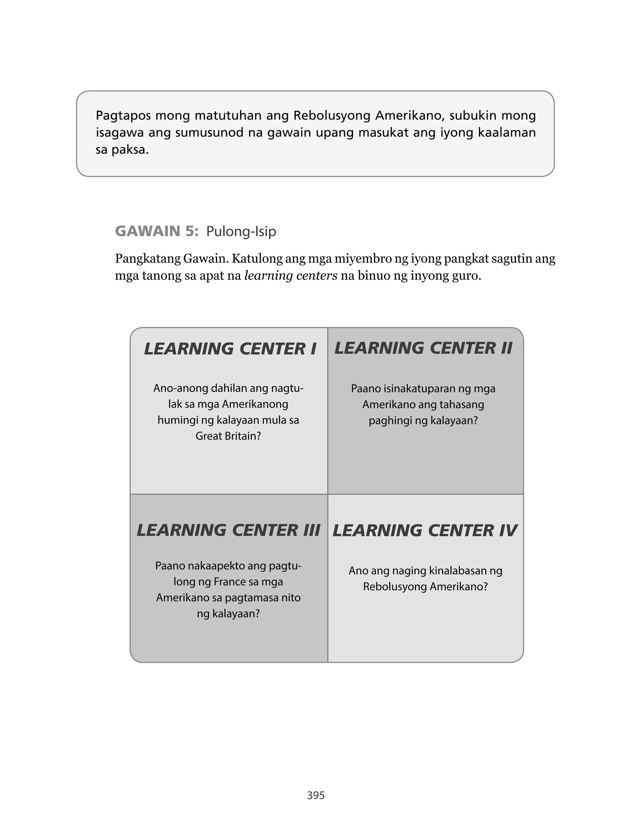 395
Pagtapos mong matutuhan ang Rebolusyong Amerikano, subukin mong
isagawa ang sumusunod na gawain upang masukat ang iyong kaalaman
sa paksa.
GAWAIN 5: Pulong-Isip
Pangkatang Gawain. Katulong ang mga miyembro ng iyong pangkat sagutin ang
mga tanong sa apat na learning centers na binuo ng inyong guro.
LEARNING CENTER I
Ano-anong dahilan ang nagtu-
lak sa mga Amerikanong
humingi ng kalayaan mula sa
Great Britain?
LEARNING CENTER II
Paano isinakatuparan ng mga
Amerikano ang tahasang
paghingi ng kalayaan?
LEARNING CENTER III
Paano nakaapekto ang pagtu-
long ng France sa mga
Amerikano sa pagtamasa nito
ng kalayaan?
LEARNING CENTER IV
Ano ang naging kinalabasan ng
Rebolusyong Amerikano?
 