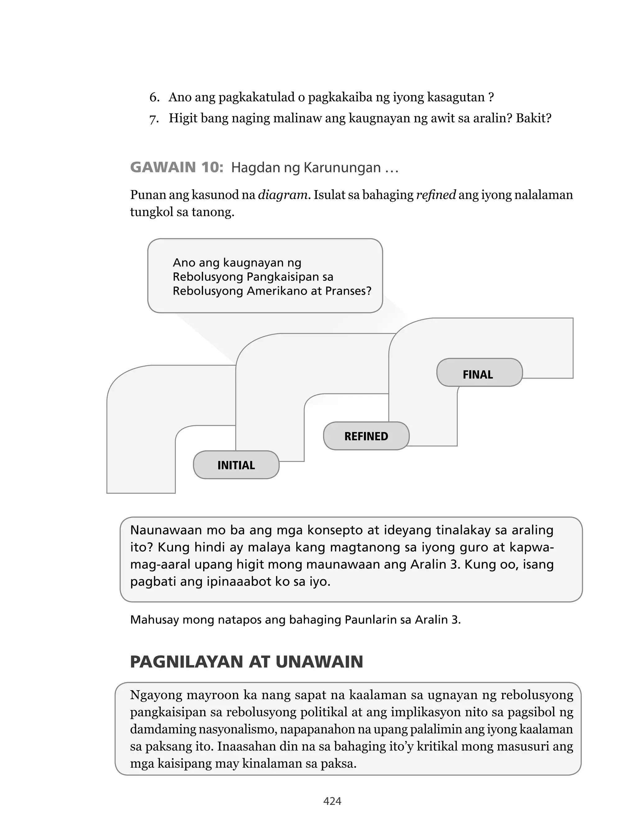 424
6. Ano ang pagkakatulad o pagkakaiba ng iyong kasagutan ?
7. Higit bang naging malinaw ang kaugnayan ng awit sa aralin? Bakit?
GAWAIN 10: Hagdan ng Karunungan …
Punan ang kasunod na diagram. Isulat sa bahaging refined ang iyong nalalaman
tungkol sa tanong.
INITIAL
REFINED
Ano ang kaugnayan ng
Rebolusyong Pangkaisipan sa
Rebolusyong Amerikano at Pranses?
FINAL
Naunawaan mo ba ang mga konsepto at ideyang tinalakay sa araling
ito? Kung hindi ay malaya kang magtanong sa iyong guro at kapwa-
mag-aaral upang higit mong maunawaan ang Aralin 3. Kung oo, isang
pagbati ang ipinaaabot ko sa iyo.
Mahusay mong natapos ang bahaging Paunlarin sa Aralin 3.
PAGNILAYAN AT UNAWAIN
Ngayong mayroon ka nang sapat na kaalaman sa ugnayan ng rebolusyong
pangkaisipan sa rebolusyong politikal at ang implikasyon nito sa pagsibol ng
damdaming nasyonalismo, napapanahon na upang palalimin ang iyong kaalaman
sa paksang ito. Inaasahan din na sa bahaging ito’y kritikal mong masusuri ang
mga kaisipang may kinalaman sa paksa.
 