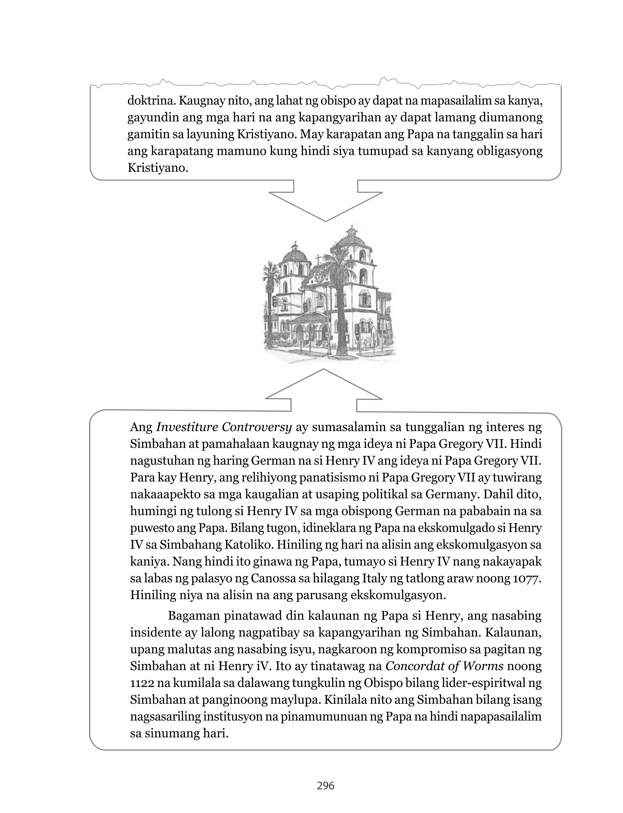 296
Ang Investiture Controversy ay sumasalamin sa tunggalian ng interes ng
Simbahan at pamahalaan kaugnay ng mga ideya ni Papa Gregory VII. Hindi
nagustuhan ng haring German na si Henry IV ang ideya ni Papa Gregory VII.
Para kay Henry, ang relihiyong panatisismo ni Papa Gregory VII ay tuwirang
nakaaapekto sa mga kaugalian at usaping politikal sa Germany. Dahil dito,
humingi ng tulong si Henry IV sa mga obispong German na pababain na sa
puwesto ang Papa. Bilang tugon, idineklara ng Papa na ekskomulgado si Henry
IV sa Simbahang Katoliko. Hiniling ng hari na alisin ang ekskomulgasyon sa
kaniya.	Nang	hindi	ito	ginawa	ng	Papa,	tumayo	si	Henry	IV	nang	nakayapak	
sa labas ng palasyo ng Canossa sa hilagang Italy ng tatlong araw noong 1077.
Hiniling niya na alisin na ang parusang ekskomulgasyon.
Bagaman pinatawad din kalaunan ng Papa si Henry, ang nasabing
insidente ay lalong nagpatibay sa kapangyarihan ng Simbahan. Kalaunan,
upang malutas ang nasabing isyu, nagkaroon ng kompromiso sa pagitan ng
Simbahan at ni Henry iV. Ito ay tinatawag na Concordat of Worms noong
1122 na kumilala sa dalawang tungkulin ng Obispo bilang lider-espiritwal ng
Simbahan at panginoong maylupa. Kinilala nito ang Simbahan bilang isang
nagsasariling institusyon na pinamumunuan ng Papa na hindi napapasailalim
sa sinumang hari.
doktrina. Kaugnay nito, ang lahat ng obispo ay dapat na mapasailalim sa kanya,
gayundin ang mga hari na ang kapangyarihan ay dapat lamang diumanong
gamitin sa layuning Kristiyano. May karapatan ang Papa na tanggalin sa hari
ang karapatang mamuno kung hindi siya tumupad sa kanyang obligasyong
Kristiyano.
 