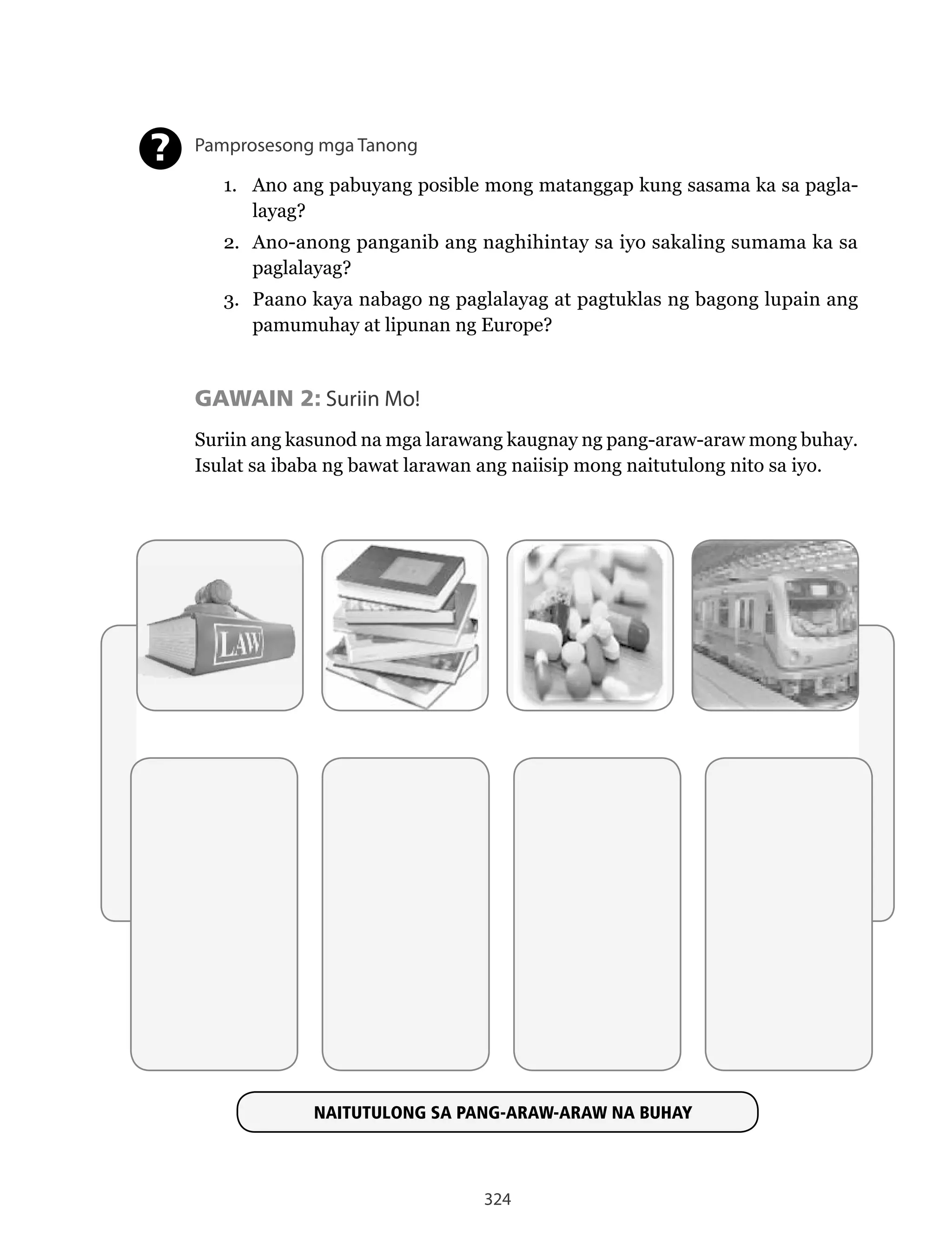 324
Pamprosesong mga Tanong
1. Ano ang pabuyang posible mong matanggap kung sasama ka sa pagla-
layag?
2. Ano-anong panganib ang naghihintay sa iyo sakaling sumama ka sa
paglalayag?
3. Paano kaya nabago ng paglalayag at pagtuklas ng bagong lupain ang
pamumuhay at lipunan ng Europe?
GAWAIN 2: Suriin Mo!
Suriin ang kasunod na mga larawang kaugnay ng pang-araw-araw mong buhay.
Isulat sa ibaba ng bawat larawan ang naiisip mong naitutulong nito sa iyo.
?
NAITUTULONG SA PANG-ARAW-ARAW NA BUHAY
 