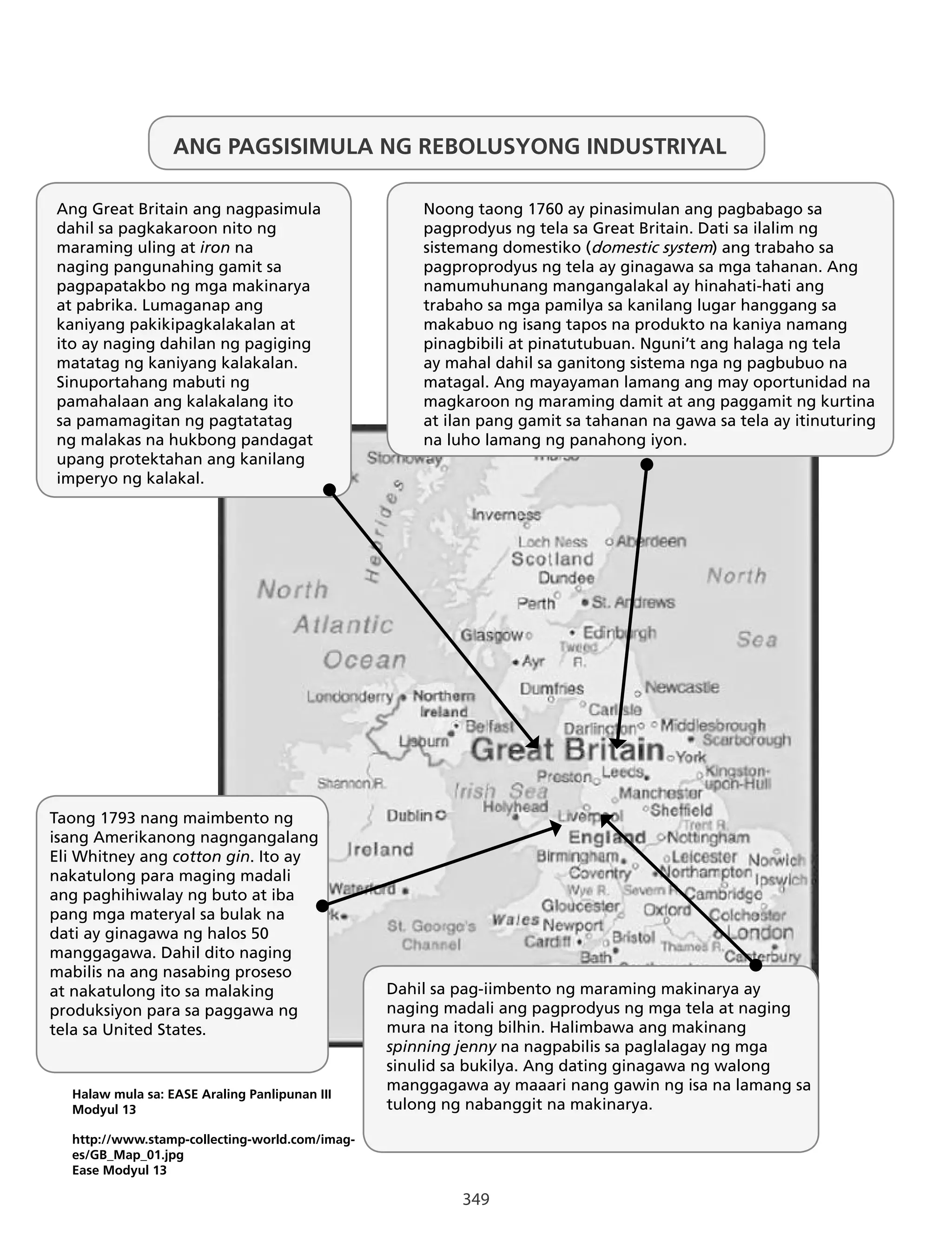 349
ANG PAGSISIMULA NG REBOLUSYONG INDUSTRIYAL
Ang Great Britain ang nagpasimula
dahil sa pagkakaroon nito ng
maraming uling at iron na
naging pangunahing gamit sa
pagpapatakbo ng mga makinarya
at pabrika. Lumaganap ang
kaniyang pakikipagkalakalan at
ito ay naging dahilan ng pagiging
matatag ng kaniyang kalakalan.
Sinuportahang mabuti ng
pamahalaan ang kalakalang ito
sa pamamagitan ng pagtatatag
ng malakas na hukbong pandagat
upang protektahan ang kanilang
imperyo ng kalakal.
Noong taong 1760 ay pinasimulan ang pagbabago sa
pagprodyus ng tela sa Great Britain. Dati sa ilalim ng
sistemang domestiko (domestic system) ang trabaho sa
pagproprodyus ng tela ay ginagawa sa mga tahanan. Ang
namumuhunang mangangalakal ay hinahati-hati ang
trabaho sa mga pamilya sa kanilang lugar hanggang sa
makabuo ng isang tapos na produkto na kaniya namang
pinagbibili at pinatutubuan. Nguni’t ang halaga ng tela
ay mahal dahil sa ganitong sistema nga ng pagbubuo na
matagal. Ang mayayaman lamang ang may oportunidad na
magkaroon ng maraming damit at ang paggamit ng kurtina
at ilan pang gamit sa tahanan na gawa sa tela ay itinuturing
na luho lamang ng panahong iyon.
Taong 1793 nang maimbento ng
isang Amerikanong nagngangalang
Eli Whitney ang cotton gin. Ito ay
nakatulong para maging madali
ang paghihiwalay ng buto at iba
pang mga materyal sa bulak na
dati ay ginagawa ng halos 50
manggagawa. Dahil dito naging
mabilis na ang nasabing proseso
at nakatulong ito sa malaking
produksiyon para sa paggawa ng
tela sa United States.
Dahil sa pag-iimbento ng maraming makinarya ay
naging madali ang pagprodyus ng mga tela at naging
mura na itong bilhin. Halimbawa ang makinang
spinning jenny na nagpabilis sa paglalagay ng mga
sinulid sa bukilya. Ang dating ginagawa ng walong
manggagawa ay maaari nang gawin ng isa na lamang sa
tulong ng nabanggit na makinarya.
Halaw mula sa: EASE Araling Panlipunan III Modyul 13
http://www.stamp-collecting-world.com/images/
GB_Map_01.jpg
Ease Modyul 13
ANG PAGSISIMULA NG REBOLUSYONG INDUSTRIYAL
Ang Great Britain ang nagpasimula
dahil sa pagkakaroon nito ng
maraming uling at iron na
naging pangunahing gamit sa
pagpapatakbo ng mga makinarya
at pabrika. Lumaganap ang
kaniyang pakikipagkalakalan at
ito ay naging dahilan ng pagiging
matatag ng kaniyang kalakalan.
Sinuportahang mabuti ng
pamahalaan ang kalakalang ito
sa pamamagitan ng pagtatatag
ng malakas na hukbong pandagat
upang protektahan ang kanilang
imperyo ng kalakal.
Noong taong 1760 ay pinasimulan ang pagbabago sa
pagprodyus ng tela sa Great Britain. Dati sa ilalim ng
sistemang domestiko (domestic system) ang trabaho sa
pagproprodyus ng tela ay ginagawa sa mga tahanan. Ang
namumuhunang mangangalakal ay hinahati-hati ang
trabaho sa mga pamilya sa kanilang lugar hanggang sa
makabuo ng isang tapos na produkto na kaniya namang
pinagbibili at pinatutubuan. Nguni’t ang halaga ng tela
ay mahal dahil sa ganitong sistema nga ng pagbubuo na
matagal. Ang mayayaman lamang ang may oportunidad na
magkaroon ng maraming damit at ang paggamit ng kurtina
at ilan pang gamit sa tahanan na gawa sa tela ay itinuturing
na luho lamang ng panahong iyon.
Taong 1793 nang maimbento ng
isang Amerikanong nagngangalang
Eli Whitney ang cotton gin. Ito ay
nakatulong para maging madali
ang paghihiwalay ng buto at iba
pang mga materyal sa bulak na
dati ay ginagawa ng halos 50
manggagawa. Dahil dito naging
mabilis na ang nasabing proseso
at nakatulong ito sa malaking
produksiyon para sa paggawa ng
tela sa United States.
Dahil sa pag-iimbento ng maraming makinarya ay
naging madali ang pagprodyus ng mga tela at naging
mura na itong bilhin. Halimbawa ang makinang
spinning jenny na nagpabilis sa paglalagay ng mga
sinulid sa bukilya. Ang dating ginagawa ng walong
manggagawa ay maaari nang gawin ng isa na lamang sa
tulong ng nabanggit na makinarya.
Halaw mula sa: EASE Araling Panlipunan III
Modyul 13
http://www.stamp-collecting-world.com/imag-
es/GB_Map_01.jpg
Ease Modyul 13
 