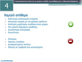 9 αποτελεσματικοί τρόποι για να μειώσω τα έξοδα της αποθήκης μου
Α.Σ.ΑΝΤΩΝΙΑΔΗΣ
/ ενδεικτικές διαφάνειες
 Ελλείψεις
 Χαμένες πωλήσεις
 Δυσαρεστημένοι πελάτες
 Μείωση σε προβολή στα καταστήματα
13
Χαμηλό απόθεμα
 Καλύτερος ισολογισμός εταιρείας
 Ανανέωση αγοράς με πιο φρέσκα προϊόντα
 Απαίτηση μικρότερου αποθηκευτικού χώρου
 Πιο εύκολη διαχείριση αποθήκης
 Ευκολότερες απογραφές
 Ρευστότητα
4
 