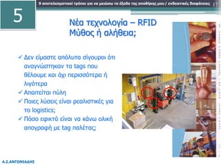 9 αποτελεσματικοί τρόποι για να μειώσω τα έξοδα της αποθήκης μου
Α.Σ.ΑΝΤΩΝΙΑΔΗΣ
/ ενδεικτικές διαφάνειες 17
Νέα τεχνολογία – RFID
Μύθος ή αλήθεια;
 Δεν είμαστε απόλυτα σίγουροι ότι
αναγνώστηκαν τα tags που
θέλουμε και όχι περισσότερα ή
λιγότερα
 Απαιτείται πύλη
 Ποιες λύσεις είναι ρεαλιστικές για
το logistics;
 Πόσο εφικτό είναι να κάνω ολική
απογραφή με tag παλέτας;
5
 