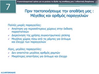 9 αποτελεσματικοί τρόποι για να μειώσω τα έξοδα της αποθήκης μου
Α.Σ.ΑΝΤΩΝΙΑΔΗΣ
/ ενδεικτικές διαφάνειες 21
Πριν τακτοποιήσουμε την αποθήκη μας :
Μέγεθος και αριθμός παραγγελιών
Πολλές μικρές παραγγελίες:
 Απαίτηση για περισσότερους χώρους στην έκδοση
παραστατικών
 Διερεύνηση της χρήσης συγκεντρωτικού picking
 Μεγάλος χώρος πίσω από τις ράμπες για άπλωμα
και έλεγχο των παραγγελιών
Λίγες, μεγάλες παραγγελίες:
 Δεν απαιτείται μεγάλος αριθμός ραμπών
 Μικρότερες απαιτήσεις για άπλωμα και έλεγχο
7
 