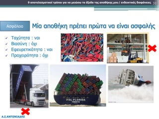 9 αποτελεσματικοί τρόποι για να μειώσω τα έξοδα της αποθήκης μου
Α.Σ.ΑΝΤΩΝΙΑΔΗΣ
/ ενδεικτικές διαφάνειες 31
Μία αποθήκη πρέπει πρώτα να είναι ασφαλής
 Ταχύτητα : ναι
 Βιασύνη : όχι
 Εφευρετικότητα : ναι
 Προχειρότητα : όχι
Ασφάλεια
 