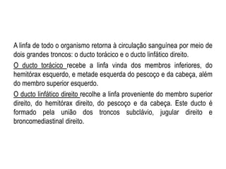 A linfa de todo o organismo retorna à circulação sanguínea por meio de
dois grandes troncos: o ducto torácico e o ducto linfático direito.
O ducto torácico recebe a linfa vinda dos membros inferiores, do
hemitórax esquerdo, e metade esquerda do pescoço e da cabeça, além
do membro superior esquerdo.
O ducto linfático direito recolhe a linfa proveniente do membro superior
direito, do hemitórax direito, do pescoço e da cabeça. Este ducto é
formado pela união dos troncos subclávio, jugular direito e
broncomediastinal direito.
 