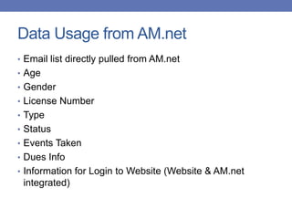 Data Usage from AM.net
• Email list directly pulled from AM.net
• Age
• Gender
• License Number
• Type
• Status
• Events Taken
• Dues Info
• Information for Login to Website (Website & AM.net
integrated)
 