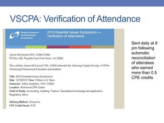 VSCPA: Verification of Attendance
Sent daily at 8
pm following
automatic
reconciliation
of attendees
who earned
more than 0.5
CPE credits
 