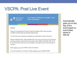 VSCPA: Post Live Event
Automatically
goes out on last
day of live
event based on
event dates
stored in
AM.net
 