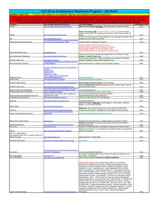 Fort Drum Employment Readiness Program - Job Bank
Updated: 9 April 2012                ***Look for daily updates on our Facebook Page http://www.facebook.com/fortdrumemployment
   ***Disclaimer: Job announcements and contact information is obtained through company websites, newspapers, and HR contacts. Please understand
  information is only accurate and up to date as employers provide current information to ERP. Job Seekers may need to copy and paste links into search
          bar, not all are clickable. ***See the bottom of the page for tips and information on using the Fort Drum Employment Readiness Job Bank
Company                                              How to Apply/ Website/ Contact Info                        Job Titles/Category                                                                      Last Update by ERP
AAFES                                                http://odin.aafes.com/employment/default.asp               National Job Postings. Fort Drum:, Store Associate, Food Service Worker,                        9-Apr


                                                                                                                National job postings. SYR: Process Automation / Controls Eng. Water Treatment
                                                                                                                Operator, Bioinformatics- KL, Engineering Tech/Scientist- SA/BP, Material Handler- BG,
Aerotek                                              http://www.aerotek.com/?source=msn                         Welder                                                                                         9-Apr
                                                                                                                Continuous Recruitment for: Direct Managers, Direct Manager Internships, Store
Aldi                                                 http://www.aldiuscareers.com                            Management, Store Staff. Apply Within.                                                            9-Apr
                                                     http://www.alexandriacentral.org/education/components/d
Alexandria Central School District                   ocmgr/default.php?sectiondetailid=1280&                 Actively looking for substitutes in all areas                                                     9-Apr

                                                                                                                •FAMILY NURSE PRACTITIONER FULLTIME
                                                                                                                •NURSE’S AIDE ON MEDICAL SURGICAL (VARIOUS)
                                                                                                                •REGISTERED NURSE ON THE MATERNITY UNIT
                                                                                                                •REGISTERED NURSE ON THE MEDICAL SURGICAL UNIT
Alice Hyde Medical Center                            www.alicehyde.com                                                                                                                                         9-Apr
                                                                                                                National Job Postings. Nearest local opportunities are in Rome NY, Project
Alion Science and Technology                         http://www.alionscience.com/Careers                        Manager 1 Software Design-Java                                                                 9-Apr
                                                                                                                Continuously looking for: Physical Therapists, Occupational Therapists,
All Metro Health Care                                http://www.all-metro.com/                                  Speech Therapists, HHAs, PCAs, RNs and LPNs                                                    9-Apr
                                                     http://tbe.taleo.net/NA5/ats/careers/jobSearch.jsp?org=A
Allen Corporation of America                         LLENCORP&cws=1                                           National Information, Logistics and Technology Company.                                          9-Apr

                                                     To apply, contact the employer by mail, by telephone, or
                                                     by email:
                                                     McCabe, Nancy
                                                     18849 US Rt. 11
                                                     Watertown, NY 13601
                                                     Phone: McCabe, Nancy (315) 783-6135
Allstate Insurance                                   Email: a066567@allstate.com                                Customer Relations                                                                             9-Apr
Ambit Energy                                         www.energygoldrush.com/rbsorrell                           Independent Energy Consultants                                                                 9-Apr

American Eagle Airlines                              http://www.americaneaglecareers.com/Jobs/Agents.html       Several National Opportunities/No Local Openings                                               9-Apr
                                                                                                                Fort Drum/Watertown/Lowville-Mortgage Executive (External Sales), Regional
AmeriCU Credit Union                                 http://www.americu.org/Careers/opportunities.cfm           Business Partner Advisor                                                                       9-Apr
                                                     https://www.americanredcross.apply2jobs.com/ProfExt/in
American Red Cross Employment                        dex.cfm?fuseaction=mExternal.showSearchInterface       no current local openings                                                                          9-Apr
American Red Cross on Fort Drum                      call 315-772-6561 to volunteer                         Great networking and volunteer opportunities                                                       9-Apr
                                                     American Red Cross of NNY; 203 N. Hamilton St.             No current local opportunities. Volunteers Needed:
American Red Cross of Northern New York              Watertown, NY 13601                                        http://www.redcrossnny.com/volunteer.asp                                                       9-Apr
Ameriprise Financial Services                        http://www.joinameriprise.com/careers                      Continuous Recruitment: No Local Openings                                                      9-Apr

Apptis Inc.                                          https://careers-apptis.icims.com/jobs/intro                Avionics/IRS Mechanic                                                                          9-Apr
                                                                                                                National Company. Watertown: Dental Hygienist, Practice Sales -Operation
                                                                                                                Manger, Lab Technician-Dentures
Aspen Dental                                         http://jobs.aspendentaljobs.com                                                                                                                           9-Apr
                                                                                                                Watertown: Store AutoZone (apply online or call Chris at 315-786-1922)
AutoZone                                             http://www.autozoneinc.com/careers/index.html              Continuous Recruitment: Management, Sales Positions, Cahier Positions                          9-Apr
                                                     http://www.axseum.com/employment/current-job-
Axseum (Army Education Contract)                     opportunities                                              National Job Postings and Overseas Contracts                                                   9-Apr




Beaver River Central School                          www.brcsd.org                                              Substitute food service/monitors, substitute teachers at all levels, Principal                 9-Apr
                                                                                                                Watertown and SYR: No positions online/please check with store locally for
Bed Bath and Beyond                                  http://www.bedbathandbeyond.com/careers.asp?               possible opportunities                                                                         9-Apr
Bob Evans                                            www.bobevans.com                                           Restaurant Assistant Manager, Candidates for Management Trainee Program                        9-Apr
                                                                                                                National Job Postings. For a candidate to be considered, they must apply online
Boeing                                               https://jobs.boeing.com/JobSeeker/JobSearch                directly to the position                                                                       9-Apr
Bon*Ton - apply online at
http://careers.bonton.com/ or in person at Bon Ton
Salmon Run Mall                                      http://careers.bonton.com                                  Sales Associate, Cosmetic Sales                                                                9-Apr

Burlington Coat Factory                              http://careers.burlingtoncoatfactory.com/index.asp         Apply Within                                                                                   9-Apr




                                                     http://www.byrnedairy.com/OurCompany/CareerOpportuni
Bryne Dairy                                          ties/tabid/117/Default.aspx                          Food Service Manager (Watertown)                                                                     9-Apr
                                                                                                          No current local openings. Many San Antonio TX positions available (near Fort
BTL Technologies                                     www.btltech.com                                      Sam Houston - if relocating).                                                                        9-Apr
CACI International                                   http://www.caci.com/careers.shtml                    National Job Postings. Contracts for military installations                                          9-Apr


                                                                                                                Several career opportunities. Payable Payroll Clerk, Financial Analyst,
                                                                                                                Administrative Assistant to the Director of Quality/Case Management, Nurse
                                                                                                                Practitioner or Physician Assistant, PA/NP , Certified Occupational Therapy
                                                                                                                Assistant Per Diem , Coder/Abstractor , Patient Registration Clerk Per Diem ,
                                                                                                                Patient Representative , Patient Representative FT , Transcriptionist Per Diem
                                                                                                                Pool , Ward Clerk/Monitor Tech FT Temp , Chemical Dependency Therapy Aide ,
                                                                                                                Phlebotomist, Systems Engineer/Hardware Analyst Level 1 Full Time, Licensed
                                                                                                                Mental Health Counselor , Case Manager , LPN After Hours (Physician Practice
                                                                                                                Management), LPN FT , LPN Per Diem Pool Physician Practice Management ,
                                                                                                                Nurse Aide 60% MSU2 , Nurse Aide 60% Temp , NURSE AIDE FT , NURSE AIDE
                                                                                                                WARD CLERK 40%, Nurse Aide/Ward Clerk/ Monitor Tech Float FT , Nursing
                                                                                                                Manager Med Surg 2/ICU-CCU , RN 60% MSU , RN Float Pool Full Time , Sitter
                                                                                                                Per Diem MSU , Certified Ophthalmology Assistant , Physician Assistant or Nurse
                                                                                                                Practitioner , Pharmacy Technician Per Diem , Respiratory Therapist FT , Speech
                                                                                                                Language Pathologist (SLP) 50%, Building Attendant 40%, Cafeteria Worker ,
                                                                                                                Catering Associate Per Diem , Cook FT Temp , Medical Technologist FT ,
Canton-Potsdam Hospital                              http://www.cphospital.org/health-professionals/careers     Pharmacist                                                                                     9-Apr
 
