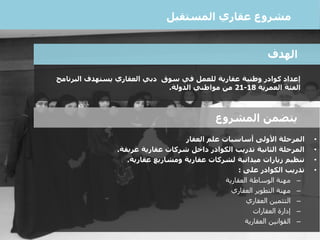 ‫يستهدف‬ ‫العقاري‬ ‫دبي‬ ‫سوق‬ ‫في‬ ‫للعمل‬ ‫عقارية‬ ‫وطنية‬ ‫كوادر‬ ‫إعداد‬‫البرنامج‬
‫الفئة‬‫العمرية‬18-21‫الدولة‬ ‫مواطني‬ ‫من‬.
‫الهدف‬
‫مشروع‬‫المستقبل‬ ‫عقاري‬
•‫العقار‬ ‫علم‬ ‫أساسيات‬ ‫األولى‬ ‫المرحلة‬
•‫عريقة‬ ‫عقارية‬ ‫شركات‬ ‫داخل‬ ‫الكوادر‬ ‫تدريب‬ ‫الثانية‬ ‫المرحلة‬.
•‫عقارية‬ ‫ومشاريع‬ ‫عقارية‬ ‫لشركات‬ ‫ميدانية‬ ‫زيارات‬ ‫تنظيم‬.
•‫على‬ ‫الكوادر‬ ‫تدريب‬:
–‫مهنة‬‫العقارية‬ ‫الوساطة‬
–‫العقاري‬ ‫التطوير‬ ‫مهنة‬
–‫العقاري‬ ‫التثمين‬
–‫العقارات‬ ‫إدارة‬
–‫العقارية‬ ‫القوانين‬
‫المشروع‬ ‫يتضمن‬
 