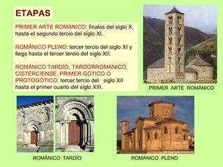 ETAPAS
PRIMER ARTE ROMÁNICO: finales del siglo X,
hasta el segundo tercio del siglo XI.

ROMÁNICO PLENO: tercer tercio del siglo XI y
llega hasta el tercer tercio del siglo XII.

ROMÁNICO TARDÍO, TARDORROMÁNICO,
CISTERCIENSE, PRIMER GÓTICO O
PROTOGÓTICO: tercer tercio del siglo XII
hasta el primer cuarto del siglo XIII.          PRIMER ARTE ROMÁNICO




      ROMÁNICO TARDÍO                      ROMÁNICO PLENO
 