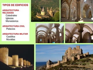 TIPOS DE EDIFICIOS
ARQUITECTURA
RELIGIOSA
  Catedrales
  Iglesias
  Monasterios

ARQUITECTURA CIVIL
   Palacios

ARQUITECTURA MILITAR
   Castillos
   Murallas
 
