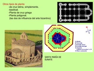 Otros tipos de planta
     -de cruz latina, simplemente.
     -basilical.
     -Planta de cruz griega
     -Planta poligonal.
      (las dos de influencia del arte bizantino)




                                          SANTA MARÍA DE
                                          EUNATE
 