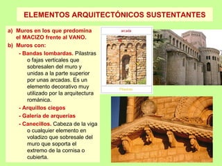 ELEMENTOS ARQUITECTÓNICOS SUSTENTANTES

a) Muros en los que predomina
   el MACIZO frente al VANO.
b) Muros con:
    - Bandas lombardas. Pilastras
       o fajas verticales que
       sobresalen del muro y
       unidas a la parte superior
       por unas arcadas. Es un
       elemento decorativo muy
       utilizado por la arquitectura
       románica.
    - Arquillos ciegos
    - Galería de arquerías
    - Canecillos. Cabeza de la viga
       o cualquier elemento en
       voladizo que sobresale del
       muro que soporta el
       extremo de la cornisa o
       cubierta.
 