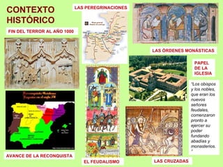 CONTEXTO                     LAS PEREGRINACIONES


HISTÓRICO
FIN DEL TERROR AL AÑO 1000



                                                   LAS ÓRDENES MONÁSTICAS

                                                                   PAPEL
                                                                   DE LA
                                                                   IGLESIA

                                                                  “Los obispos
                                                                  y los nobles,
                                                                  que eran los
                                                                  nuevos
                                                                  señores
                                                                  feudales,
                                                                  comenzaron
                                                                  pronto a
                                                                  ejercer su
                                                                  poder
                                                                  fundando
                                                                  abadías y
                                                                  monasterios.
                                                                  ”
AVANCE DE LA RECONQUISTA
                                EL FEUDALISMO      LAS CRUZADAS
 