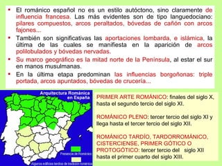  El románico español no es un estilo autóctono, sino claramente de
  influencia francesa. Las más evidentes son de tipo languedociano:
  pilares compuestos, arcos peraltados, bóvedas de cañón con arcos
  fajones...
 También son significativas las aportaciones lombarda, e islámica, la
  última de las cuales se manifiesta en la aparición de arcos
  polilobulados y bóvedas nervadas.
 Su marco geográfico es la mitad norte de la Península, al estar el sur
  en manos musulmanas.
 En la última etapa predominan las influencias borgoñonas: triple
  portada, arcos apuntados, bóvedas de crucería...

                               PRIMER ARTE ROMÁNICO: finales del siglo X,
                               hasta el segundo tercio del siglo XI.

                               ROMÁNICO PLENO: tercer tercio del siglo XI y
                               llega hasta el tercer tercio del siglo XII.

                               ROMÁNICO TARDÍO, TARDORROMÁNICO,
                               CISTERCIENSE, PRIMER GÓTICO O
                               PROTOGÓTICO: tercer tercio del siglo XII
                               hasta el primer cuarto del siglo XIII.
 