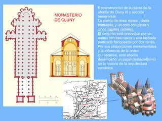 Reconstrucción de la planta de la
             abadía de Cluny III y sección
MONASTERIO   transversal.
DE CLUNY     La planta de cinco naves , doble
             transepto, y un coro con girola y
             cinco capillas radiales.
             El conjunto está precedido por un
             nártex con tres naves y una fachada
             porticada flanqueada por dos torres.
             Por sus proporciones monumentales
             y la influencia de la orden
             cluniacense, esta abadía
             desempeñó un papel destacadísimo
             en la historia de la arquitectura
             románica.
 